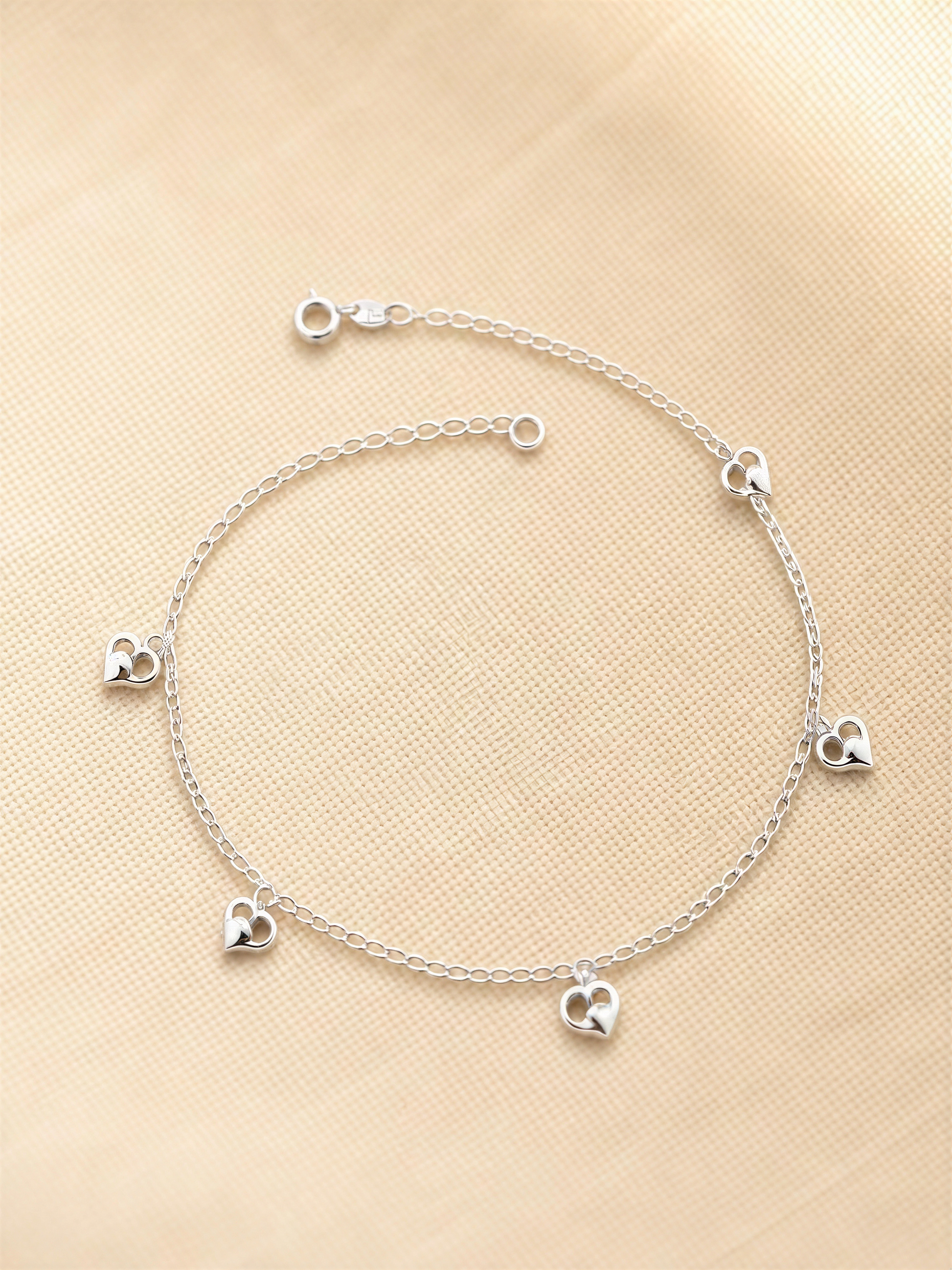 925 Sterling Silver Heart Charm Anklet for Women