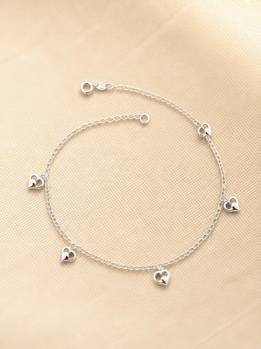 925 Sterling Silver Heart Charm Anklet for Women