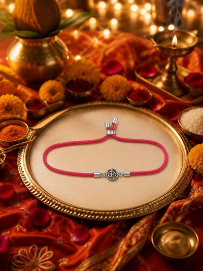 Om Symbol Silver Rakhi – Adjustable Sacred Thread Bracelet