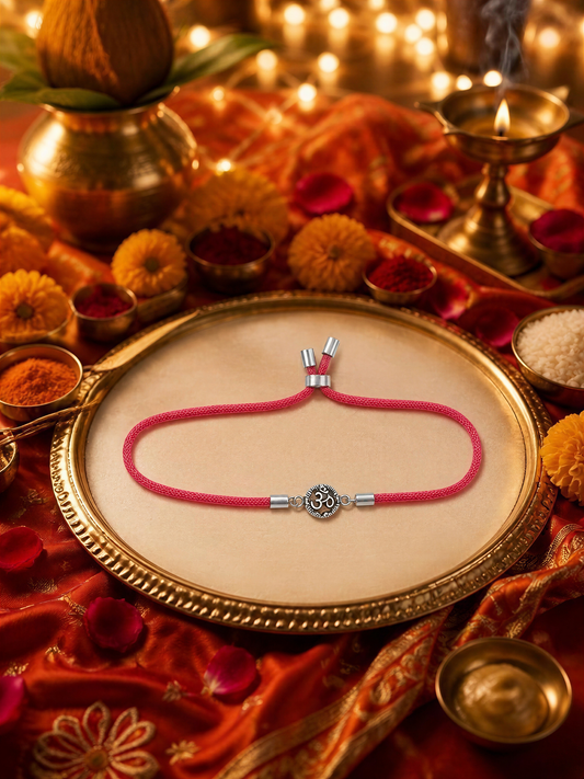 Om Symbol Silver Rakhi – Adjustable Sacred Thread Bracelet