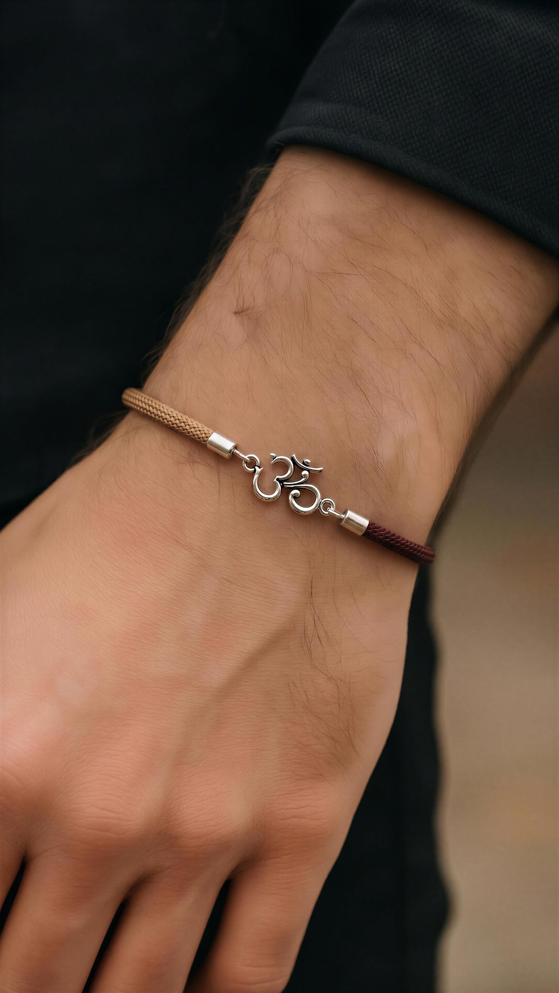 Om Symbol Silver Rakhi – Adjustable Sacred Thread Bracelet