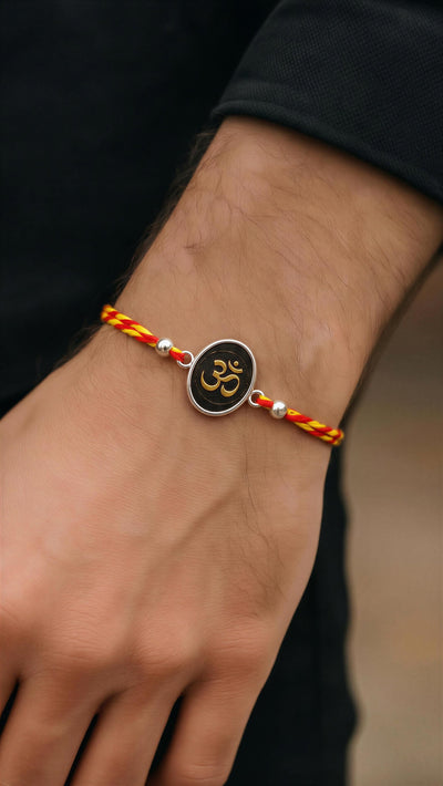 Om Divine Silver Rakhi – Premium Adjustable Sacred Thread Bracelet